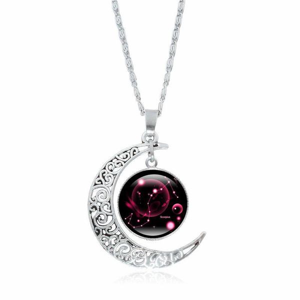 Colliers pendentifs 12 constellations temps collier de pierres précieuses cadeaux astrologie galaxie sier croissant de lune verre perle pendentif colliers pour M DH48O