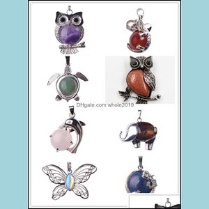 Pendentifs Colliers 12 pcs Assortiment Antique Argent Style Mixte Charmes Pierres Précieuses Pendentifs Tortue Hibou Paon Animaux Forme Guérison Chakra B Dhsha