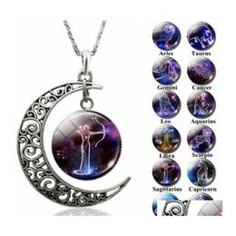 Hangende kettingen 12 Zodiac Hollow Moon Cabochons Glass Moonstone Constellation Starry Sky Charm Chokers For Women's Fashion Jewelry OTDMO