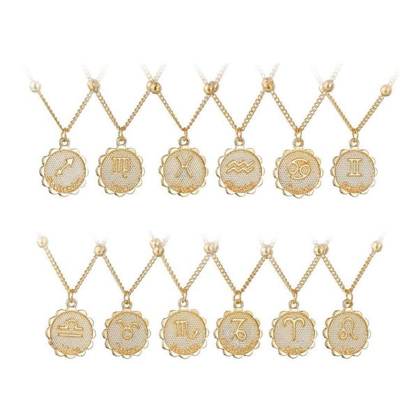 Collares pendientes 12 signo del zodiaco moneda collar Leo horóscopo joyería de oro para mujeres hombres fiesta amistad gota entrega colgantes Otnv3