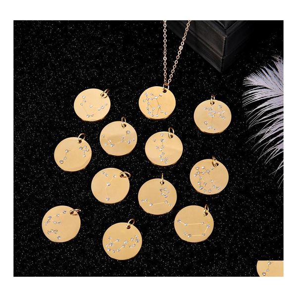 Collares colgantes 12 Signo del zodiaco para mujeres Hombres Constelaciones de cristal personalizadas Moneda de acero inoxidable Cadenas de oro Joyería de moda OTDDN
