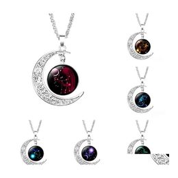 Pendentif Colliers 12 Signe du Zodiaque Lune pour Femmes Verre Cabochon Constellation Chaînes De Charme Bijoux De Mode Cadeau Drop Livraison Pendentifs DH20M