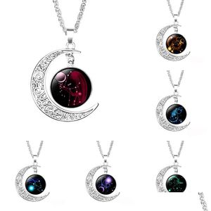 Pendentif Colliers 12 Signe Du Zodiaque Lune Pour Les Femmes Verre Cabochon Constellation Chaînes De Charme Bijoux De Mode Cadeau Drop Delivery Pendentifs Dhbh7