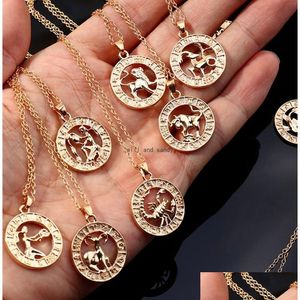 Pendentif Colliers 12 signe du zodiaque collier pièce Gld chaîne bélier taureau pendentifs charme étoile tour de cou astrologie colliers pour femmes mode Dh03R
