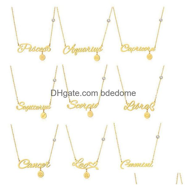 Collares pendientes 12 Signo del zodiaco Collar Cadenas de oro Acero inoxidable Virgo Cáncer Carta Colgantes Encanto Estrella Gargantilla Astrología para Wom Dhw0B