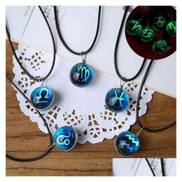 Pendentif Colliers 12 Signes Du Zodiaque Collier Lumineux Femmes Glow In The Dark Constellation Verre Gemstone Cuir Noir Corde De Cire Chaîne Dh42M