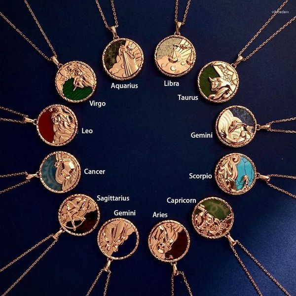 Pendentif Colliers 12 signes du zodiaque pierres semi-précieuses collier design créatif pièce longue chaîne de pull pour femmes bijoux