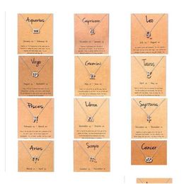 Pendentif Colliers 12 Zodiac avec carte-cadeau Constellation Signe Sier Chaînes Collier pour hommes Femmes Bijoux de mode en BK Ship 67Apo Dr Ot7Ra