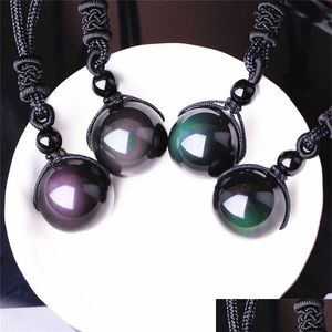 Collares pendientes 12 mm piedra natural obsidiana negra cuentas de ojo de arco iris bola colgante transferencia Lucky Love joyería de cristal con cuerda para Dhblg