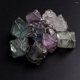 Anhänger Halsketten 12 teile/los Rhombus Fluorit Wrap Für Großhandel Reiki Charme Pendel Anhänger DIY Schmuck Machen Natürliche Stein Amulett