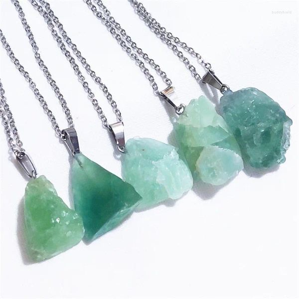 Collares colgantes 12 unids Piedra mineral cruda natural Cristal de fluorita verde Collar de cadena de acero inoxidable al por mayor