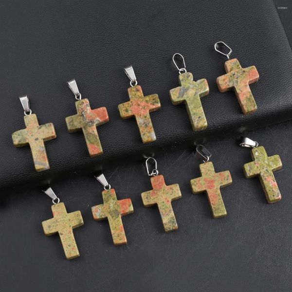 Collares colgantes 12 unids Natural Unakites Forma de cruz Ágatas Encantos de piedra para mujeres Haciendo DIY Joyería Collar Accesorio 35x19mm