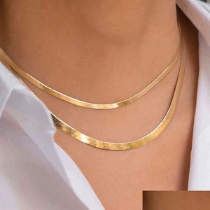 Collares pendientes 14K Gold Filled Stainls Steel Herringbone Chain Necklace Fashion Flat Snake para mujeres 4Mm Wide Drop Delive Dhgarden Dhx17