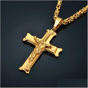 Pendentif Colliers 14K or jaune grand jésus croix pendentif avec longue chaîne hommes couleur Crucifix colliers mâle Relius bijoux goutte Deliv Dhe7Y