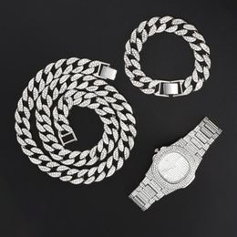 Collane a sospensione da 15 mm callace orologio bracciale hip hop miami marmotta cubana a catena cubana oro ghiacciato strass pavoso strass cz bling rapper for241u