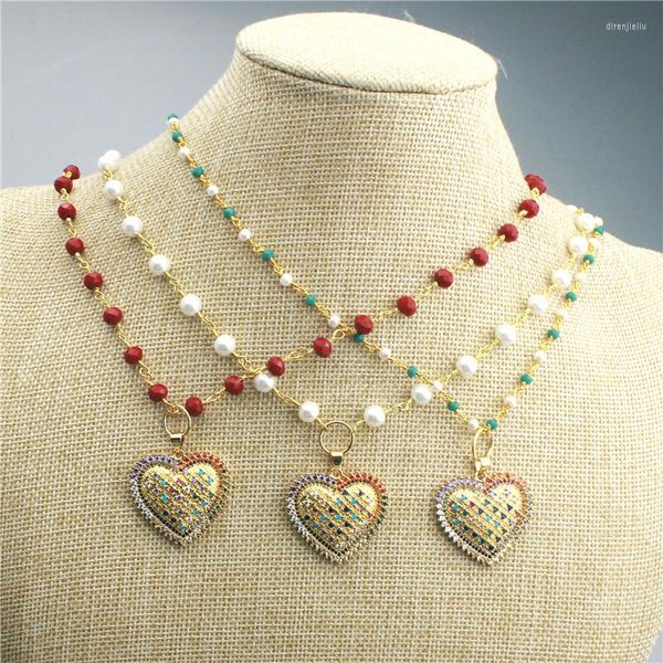 Collares pendientes 16 pulgadas 5 unids / lote Diseño Colorido Cz Collar Corazón Cubic Zircon Componente Plateado Cadena de Rosario al por mayor