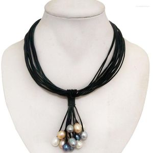Colliers pendentif 17 pouces 15 rangées de cordon en cuir noir multicolore ovale perle femmes collier pendentif