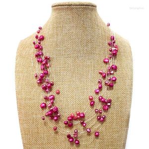 Hangende kettingen 18-24 inch roze illusie 4-8 mm Nugget zoetwater parel met meerlagige ketting