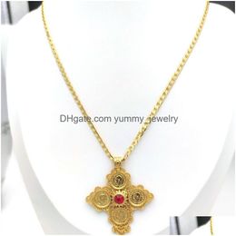 Pendant Necklaces 18Ct Thai Baht G/F Gold Cross Necklace Green Blue Red Cz Chain Head Portrait Coin Seller Curb 20 Drop Delivery Jewel Dh5K2