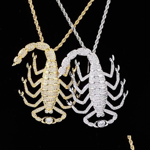 Pendentif Colliers 18K Or Animal 3D Scorpion Pendentif Collier Glacé Zircon Avec Chaîne De Corde Pour Hommes Femmes Chram Hip Hop Bijoux Gif Dhfnh