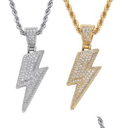 Pendentif Colliers Or 18K Flash Lightning Collier Ensemble de Bijoux Diamant Zircon Hip Hop Bling Pour Femmes Hommes En Acier Inoxydable C Dhw67