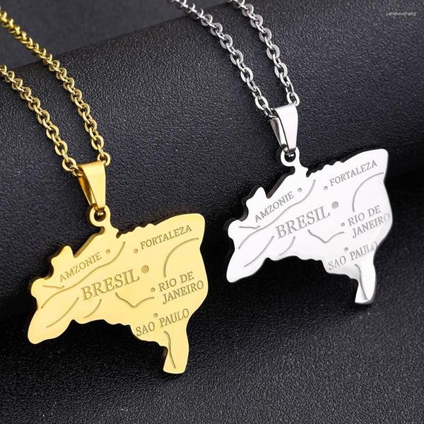 Collares pendientes Chapado en oro de 18 quilates Collar de cadena de eslabones de mapa de Brasil para mujeres Hombres Forma de acero de titanio impermeable brillante