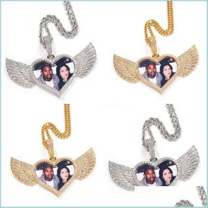 Collares pendientes 18K chapado en oro por encargo Po Wings Medallones en forma de corazón Collar Colgante 4Mm Cadena de tenis Cubic Zircon Mens Hi Dhrh8