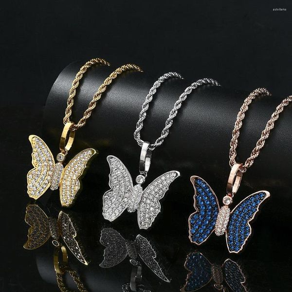 Collares pendientes Chapado en oro de 18 quilates Ins Venta de collar de mariposa de hip hop pavimentado con circonita cúbica