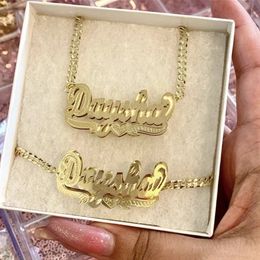 Hanger Kettingen 18K Vergulde Naamplaat Ketting Gepersonaliseerde Dubbellaags 3D Met Hart Aangepaste Naam Roestvrij Stalen Sieraden 230704