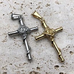 Pendentif Colliers Plaqué Or 18K Religieux Rose Croix Collier En Acier Inoxydable Christ Hommes Crucifix Charmes Corde Chaîne Épine Fleurs