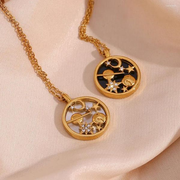 Pendentif Colliers 18K Plaqué or en acier inoxydable Moon Earth Star Collier pour femmes filles Vintage Shell Coin Bijoux de mode