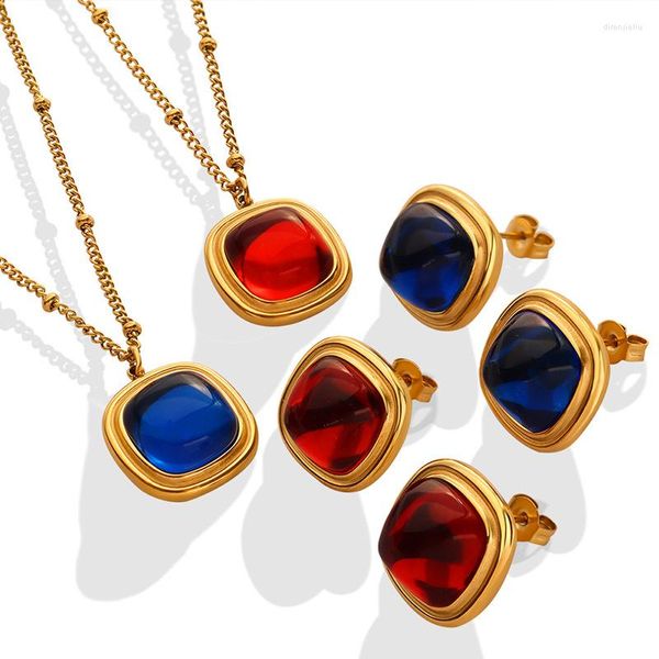 Collares pendientes 18k Chapado en oro Acero inoxidable Rojo Azul Cristal Piedra Cuadrado Para Mujeres Regalo De Joyas Para Mujeres