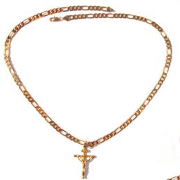 Hangende kettingen 18K vast goud 4 mm Italiaanse figaro link ketting ketting dames heren Jezus Crucifix kruis hanger druppel delive dhgarden dhii7