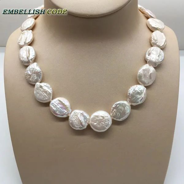 Colliers pendentifs 18mm perle inhabituelle baroque ras du cou collier de déclaration couleur blanche pièce ronde forme plate perles d'eau douce naturelles pli visage 58cm231118