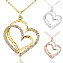 Hanger kettingen 1 st verstelbare gouden zilver rose dubbele hart kristal liefde valentines gift valentijnsdag bruiloft sieraden sierlijk