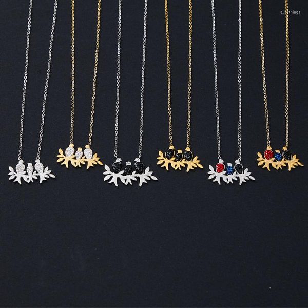 Pendentif Colliers 1pc Oiseau Famille Collier Non Fading Pour Femme Coloré Zircon Couple Pendentifs Clavicule Chaîne De Mariage Fête Cadeau Bijoux