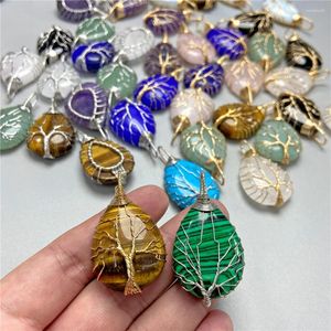 Pendentif Colliers 1PC Cristal Pierre Goutte d'eau À La Main Fil Enroulement Arbre De Vie Or Couleur Collier Accessoires 24x40mm En Vrac