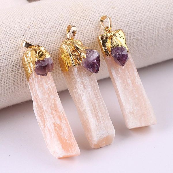 Collares pendientes 1pc Cristal natural Mineral Citrinos Amatistas Turmalina Encanto Color oro Amarillo Blanco Selenita Cuarzo transparente JewelryPenda