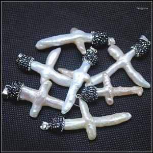 Pendentif Colliers 1PC Pendentifs De Perles D'eau Douce Naturelles Avec Strass Cap Croix Forme 40-45mm Top Perles Accessoires Perle Lâche