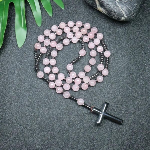 Colliers pendants 1pc Powder Crystal Stone Natural Stone Cross Collier avec des perles de pierre biliaire en fer Fabriqué à la main 8 mm Men