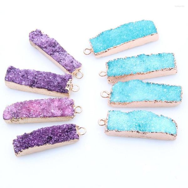 Pendentif Colliers 1pc Rectangle Druzy Cristal Quartz Bijoux Naturel Rose Bleu Vert Pierre Pour Collier À Faire Soi-même