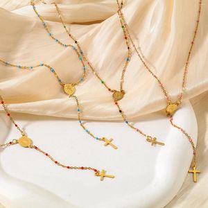Colliers de pendentif 1pc Collier de chapelet en acier inoxydable religieux croix Vierge Mary Link chaîne de câble Chaîne Femmes Bijoux 49-53 cm de long
