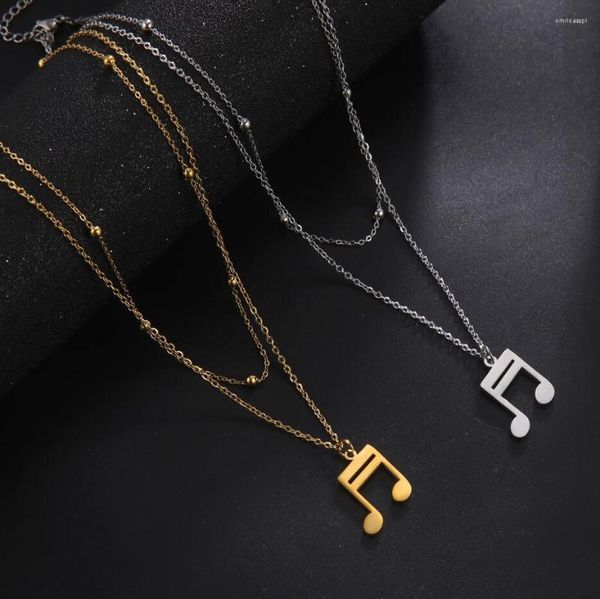 Collares colgantes 1 unid de acero inoxidable nota musical collar mujeres cuentas cadena doble capa punk hip hop joyería regalos F1470