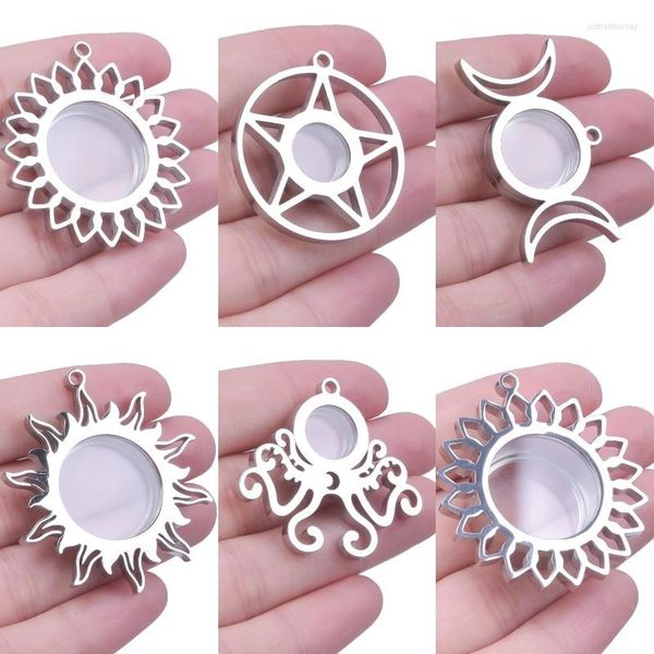 Collares pendientes 1Pc Bruja de acero inoxidable Luna creciente Estrella Medallón de cristal Diy Amuleto mágico del sol Flor Relicario Collier Fabricación de joyas