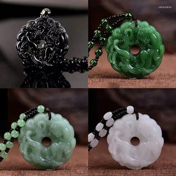 Collares colgantes 1 unids moda verde jade tallado a mano dragón hueco collar multicolor chino amuleto mujeres hombres suerte joyería regalo