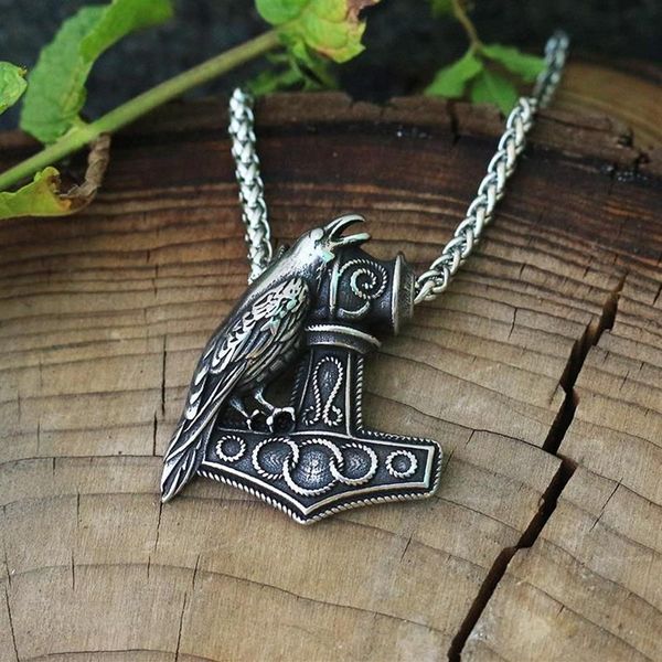 Collares colgantes 1 unids Hombres Acero inoxidable Viking Raven Nordic Pagan Collar Raven's Mjolnir Hammer274f