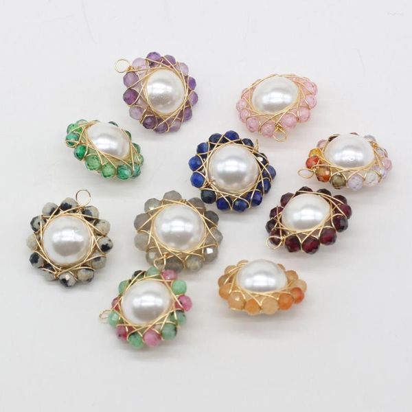 Collares colgantes 1 unids piedra natural redonda flor de sol perla granate amatistas para mujeres collar pulsera accesorios de joyería tamaño 16x18 mm
