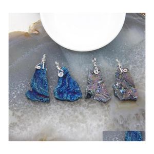 Collares pendientes 1 Unids Rock Agates Geode Natural Druzy Cuarzo Titanio Azul / Rainbow Siery Bails Diy Jewelry Charms Collar Drop Del Dheag