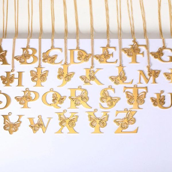 Pendentif Colliers 1pcs acier inoxydable alphabet / majuscule 26 lettres insectes gourmette chaîne collier couleur or papillon animal creux 38cm