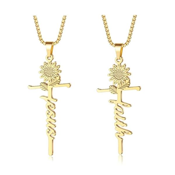 Pendentif Colliers 1pcs Tournesol Croix Crucifix Collier pour hommes Femmes Or Prière Jésus Escargot Lien Chaîne En Gros Bijoux